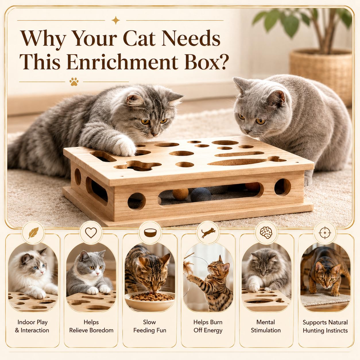 Boîte d'Enrichissement pour Chat, Boîte à griffer en Bois pour Chat, Grand Jouet d'enrichissement, 39 x 30 cm, Jouet Chat Interieur en Bois avec Lime à Ongles, Papier de Verre et 3 balles