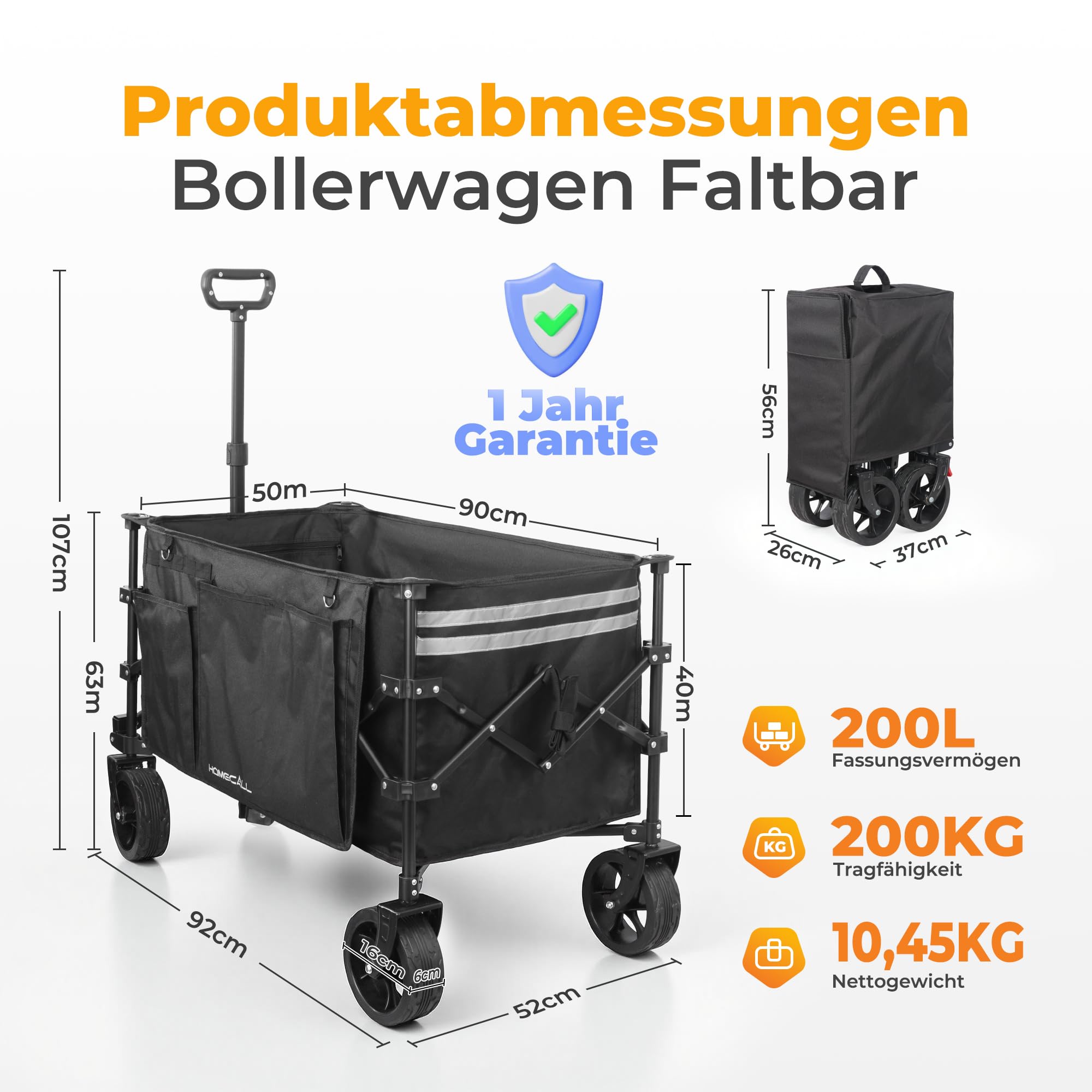Bollerwagen Faltbar 200L 200KG Belastbar, Strandwagen Klappbar mit Regenschutz, Reflektorstreifen, Bremsen; Breite Reifen All Terrain Faltbarer Strandwagen Für Camping, Strand, Outdoor