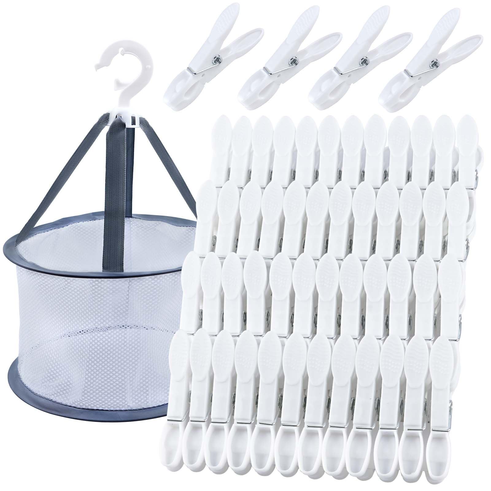 KEYBOO 48 Pack Clothes Pegs for Washing Line with Bag, White Washing Pegs Plastic Laundry Pegs Extra Strong, Peg Basket for Washing Line, Washing Line Pegs Clothes Pegs and Bag Set for Home and Garden
