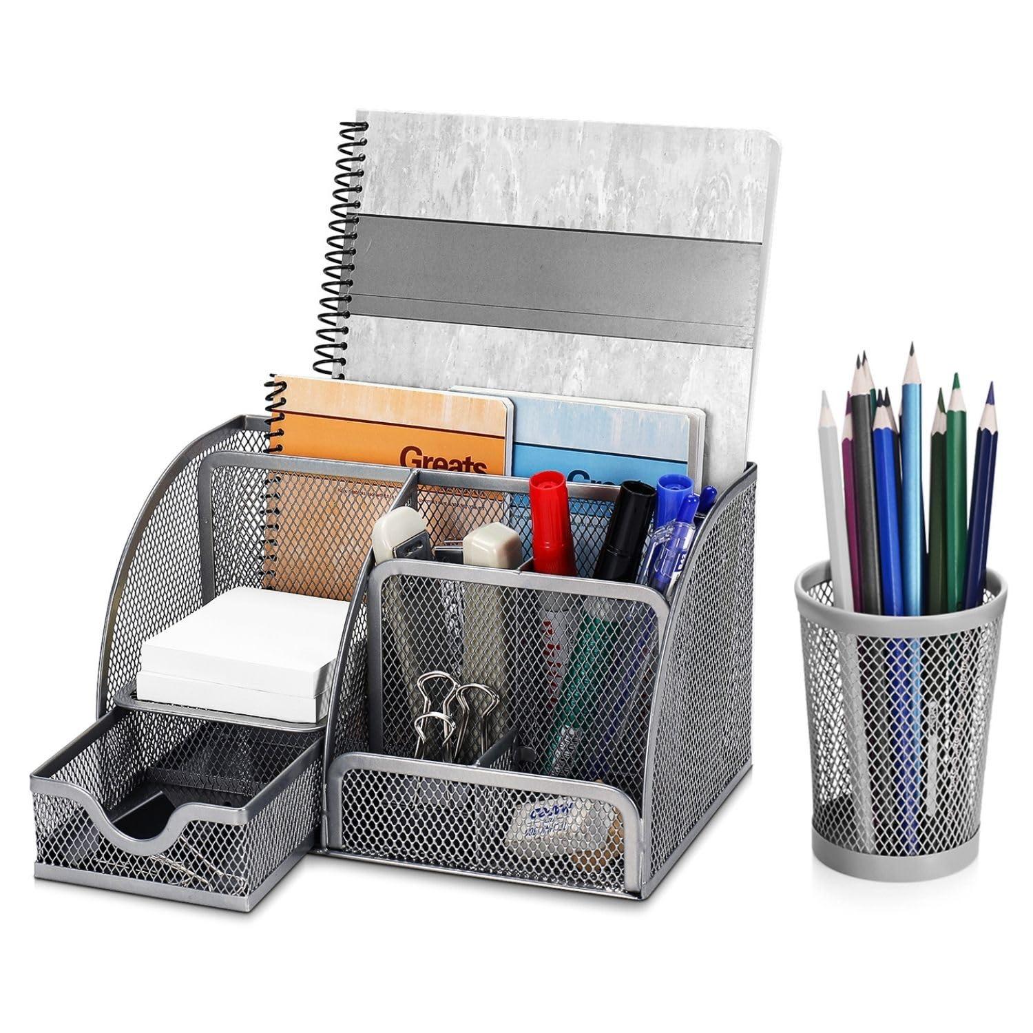 Flexzion Desk Organiser, Pen Holder, Office Organiser, Students Desk Accessories Made of Metal with Drawer and 6 Compartments, for Aesthetic Pens, Stapler, Folder Clips, Sticky Notes, Silver