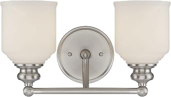 Savoy House 8-6836-2-SN Melrose Mid-Century Modern Vintage White Opal Etched Glass Bathroom Vanity, 2-Light 120 Total Watts, 8" H x 14" W, Satin Nickel