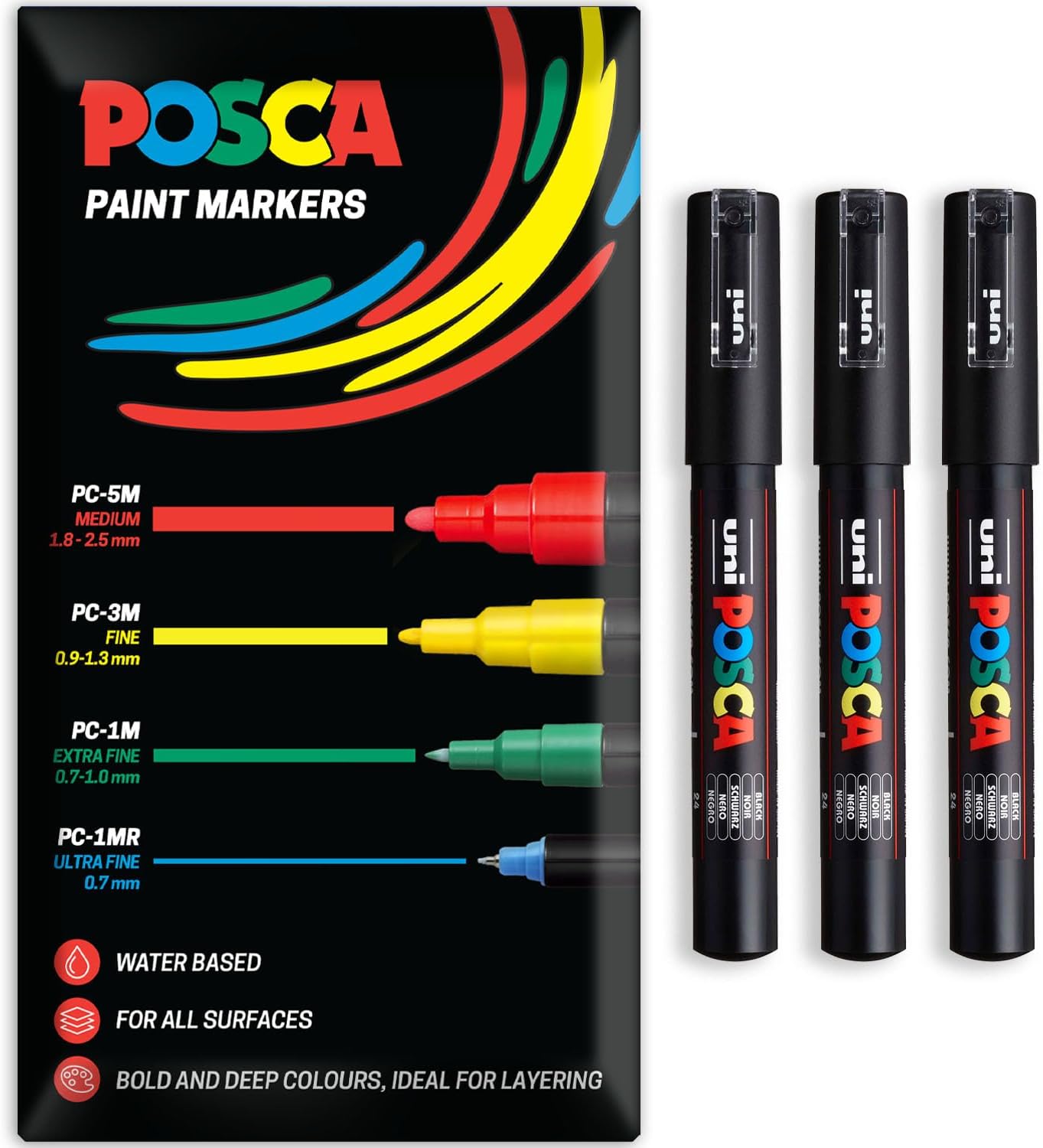 Posca Marker permanentny na bazie wody – zastosowanie na wielu powierzchniach – PC-1M – opakowanie 3 długopisów w portfelu (Czarny)