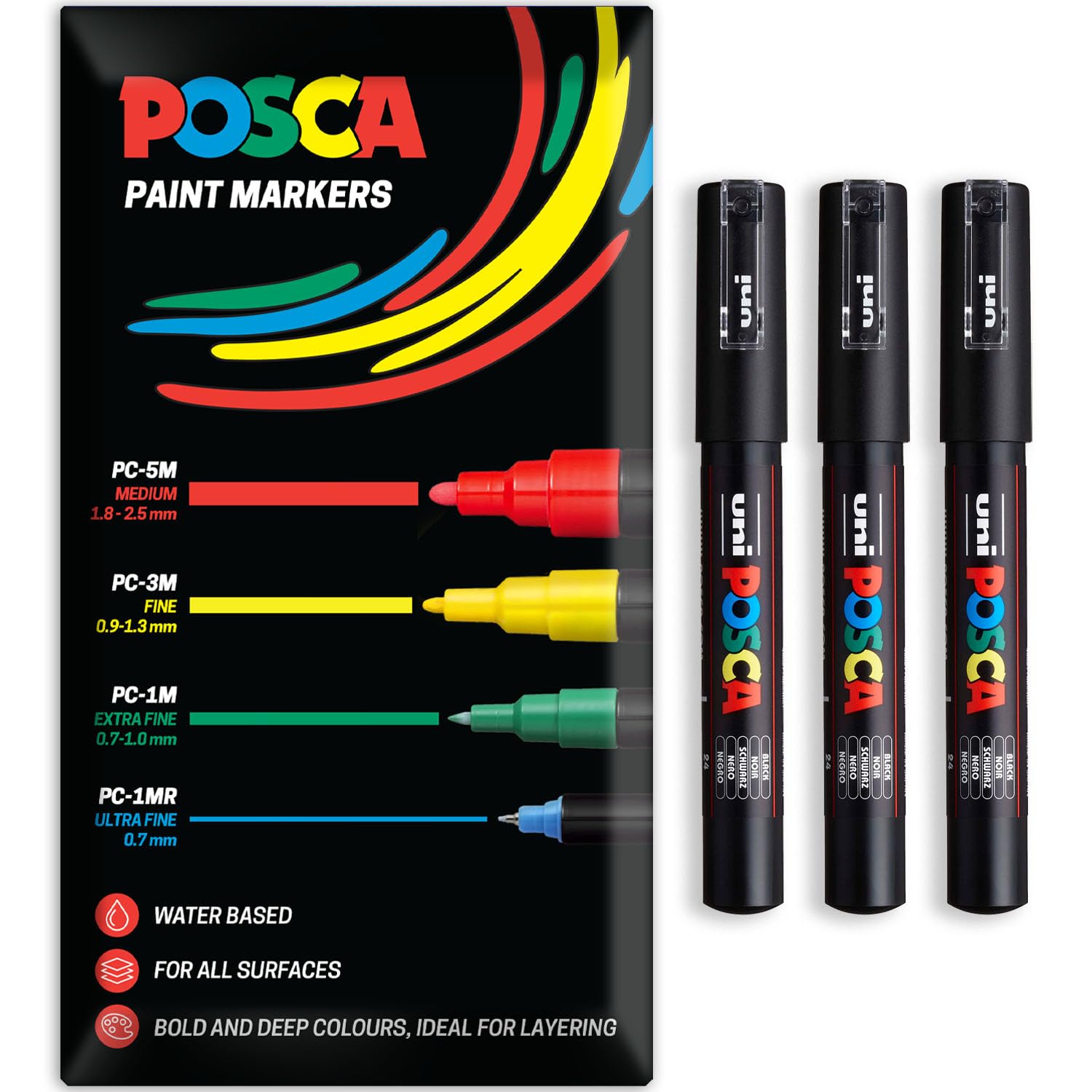 Posca Water Based Acrylic Paint Marker Pens | Multi Surface Use Permanent Paint Pen | Pack of 3 Pens in Envelope Gift Packaging | Glass, Fabric, Canvas, Wood etc | PC-1M, Black