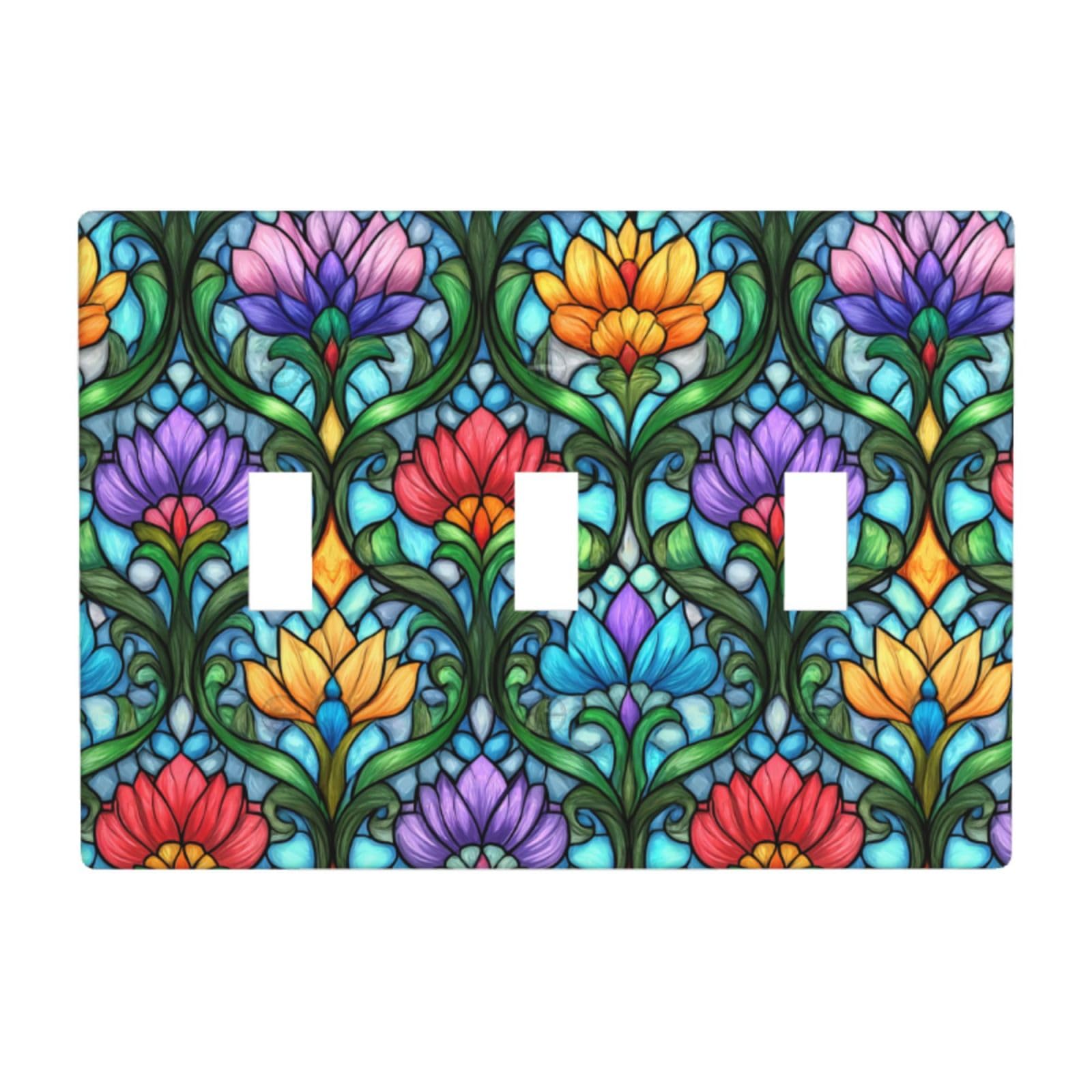 Woshuwo White Stained Glass Floral Mandala Light Switch Covers 3 Gang Triple Toggle Wall Plate Switchplate Electrical Faceplate For Bathroom Kitchen Bedroom Decor