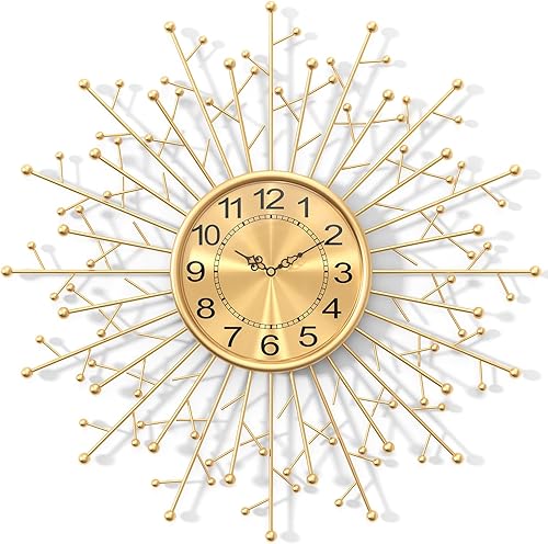 Reloj de pared dorado grande y moderno decorativo de mediados de siglo, diseño de ramas de rayos de sol, reloj silencioso de metal minimalista,