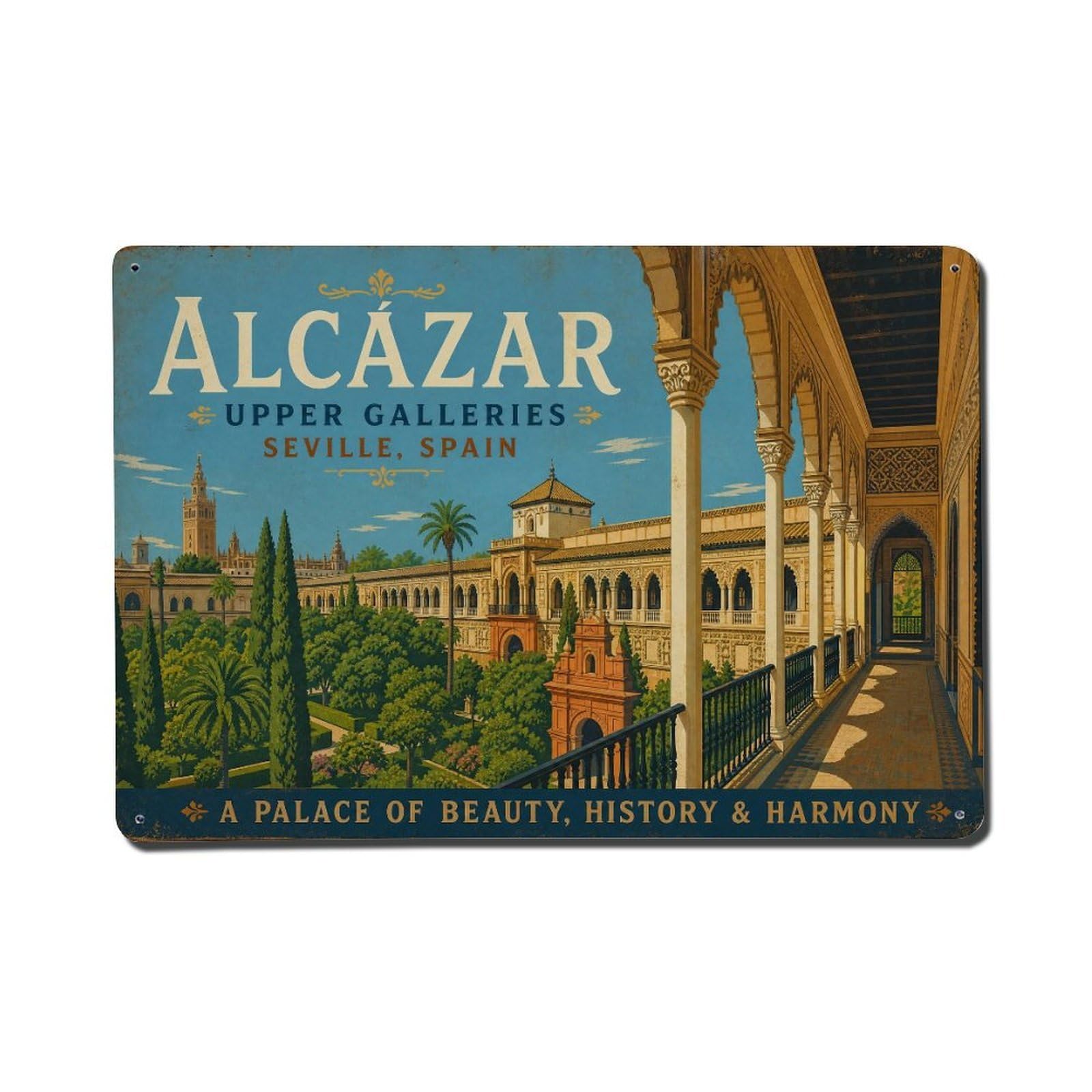 Yrnq 08X12inch Vintage Style Vintage Alcazar Upper Galleries Balconies Overlook Spain Metal Tin Sign