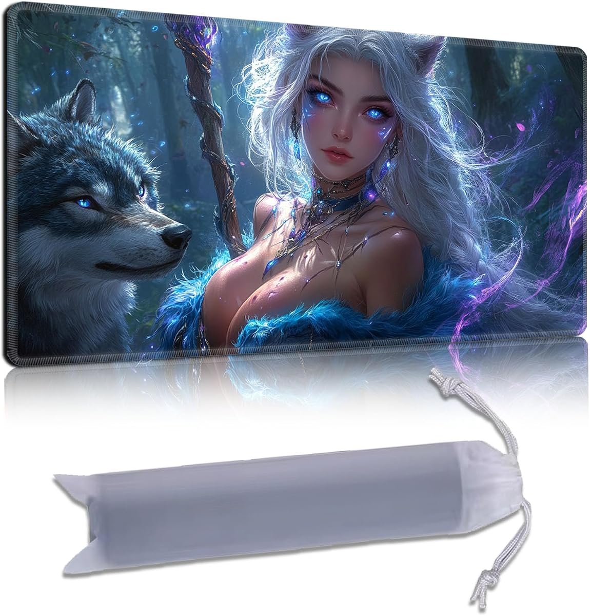 Playmat for MTG & Magic: The Gathering, 28x16 inch Non-Slip TCG Game Mat for Commander, White Haired Sorceress with Blue Wolf Card Game Table Mat