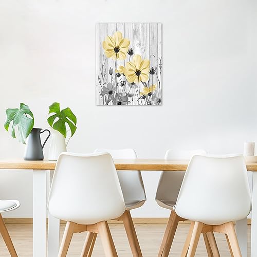 Miniatura 2 de HVEST Arte de pared floral amarillo de granja para sala de estar, flores silvestres y hojas sobre lienzo de madera rústica, arte de pared de flores