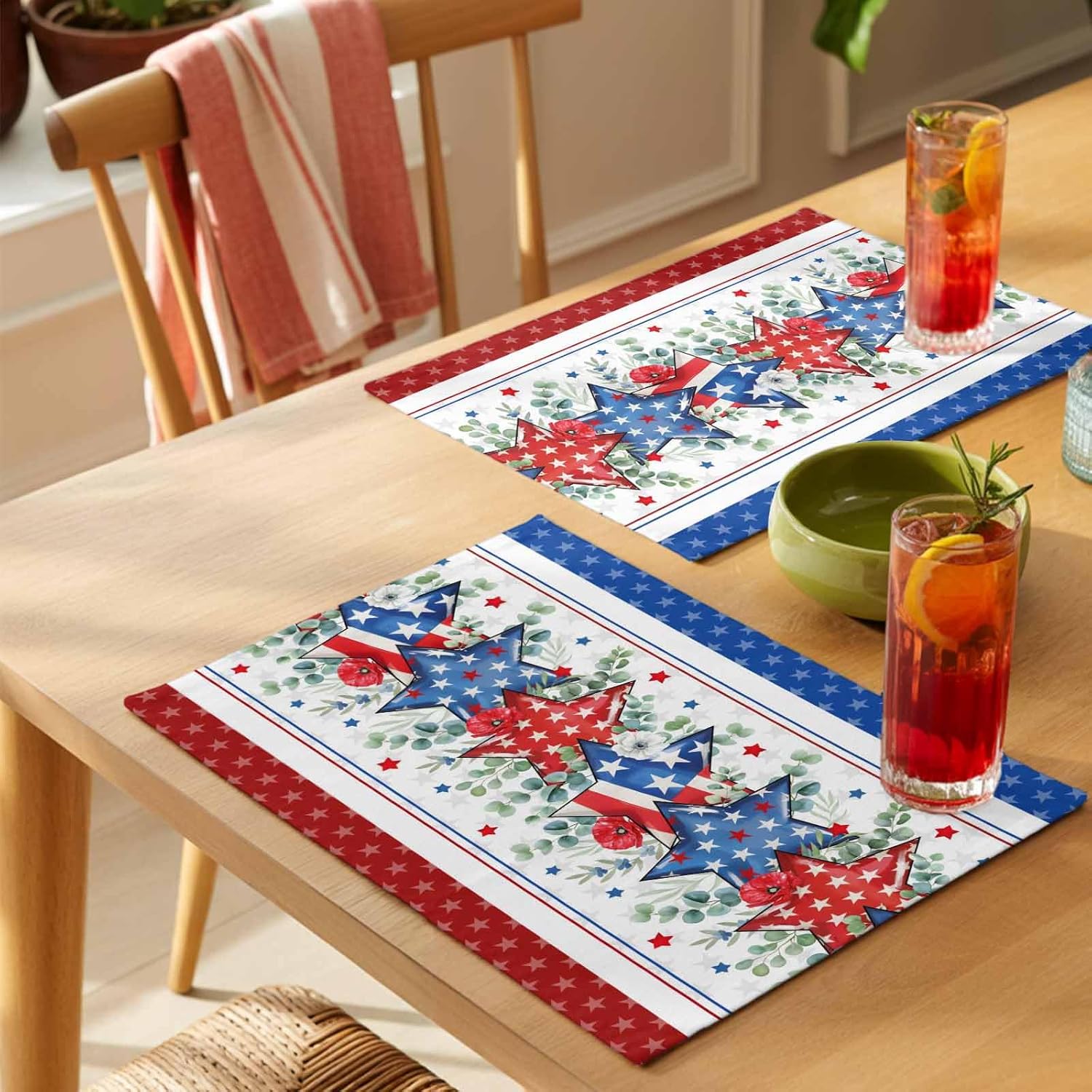 Independence Day Placemats Set of 6, Eucalyptus Leaves Poppy Flower American Flag 4th of July Star Blue Red Stripes Heat Resistant Burlap Place Mats for Dining Table Kitchen Party Holiday 13''x19''