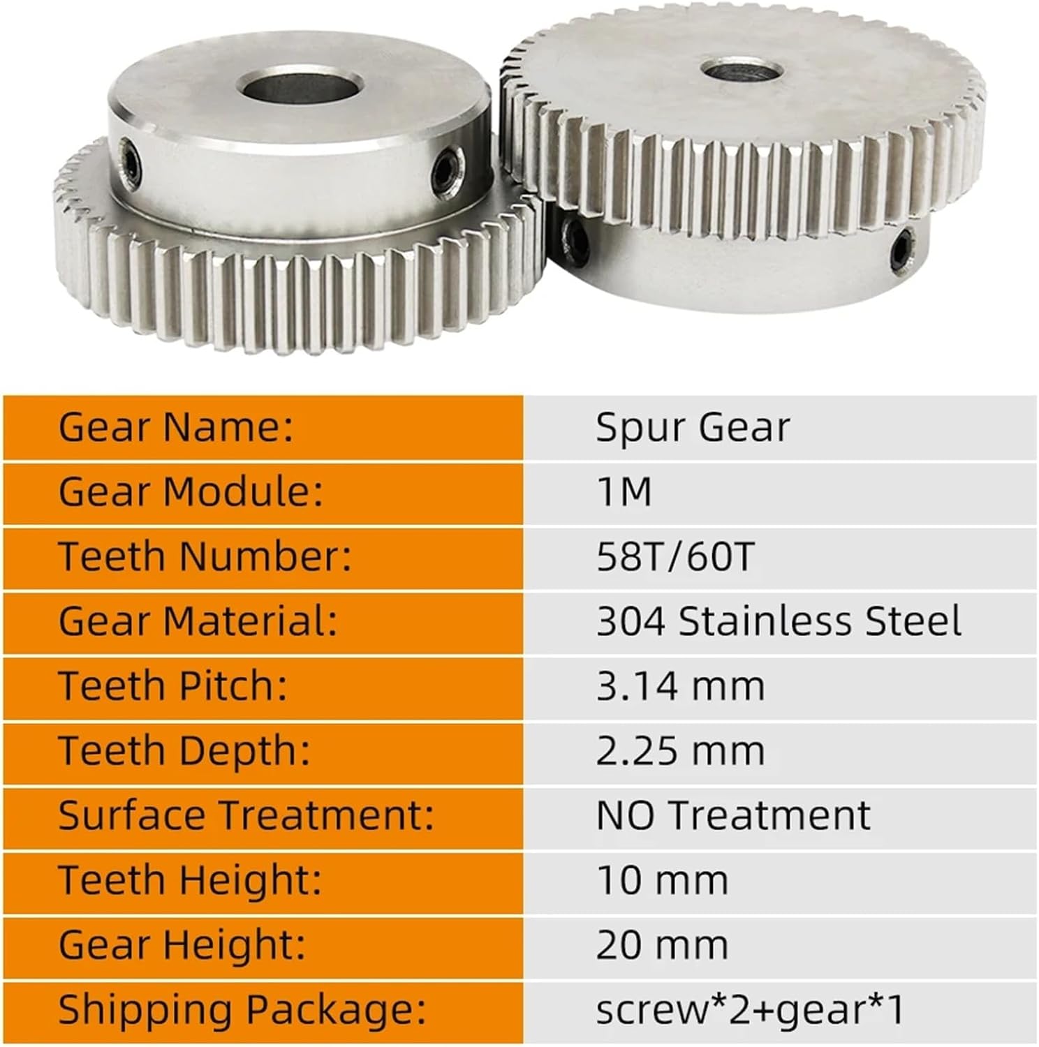 Spur Gear 1M 60T Teeth Pitch 3.14mm Teeth Height 10mm Bore Size 8-25mm 304 SS 1Pcs(12 mm,60T (Round Hole))