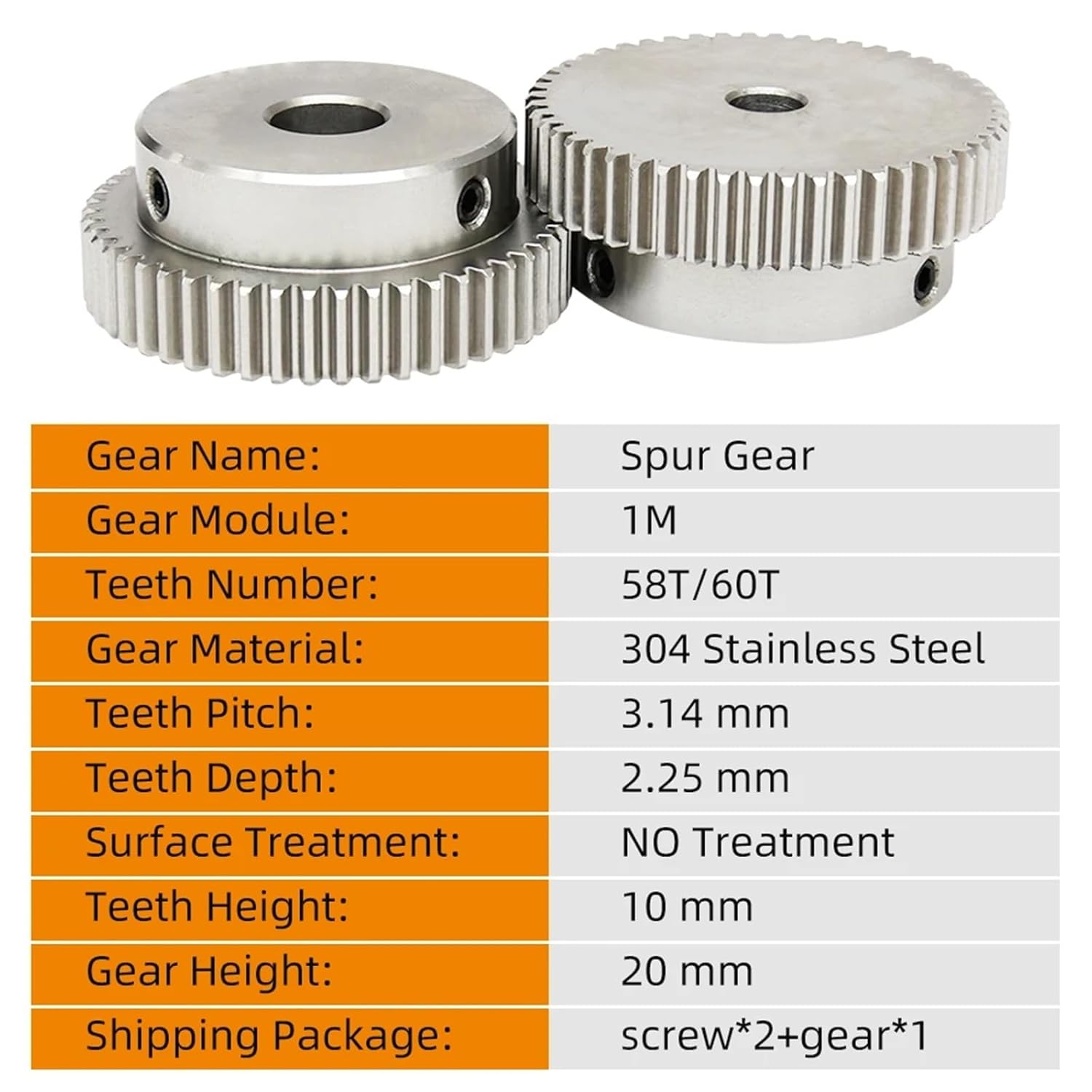 Spur Gear 1M 58T Teeth Pitch 3.14mm Teeth Height 10mm Bore Size 8-25mm 304 SS 1Pcs(20 mm,58T (Keyway Hole))