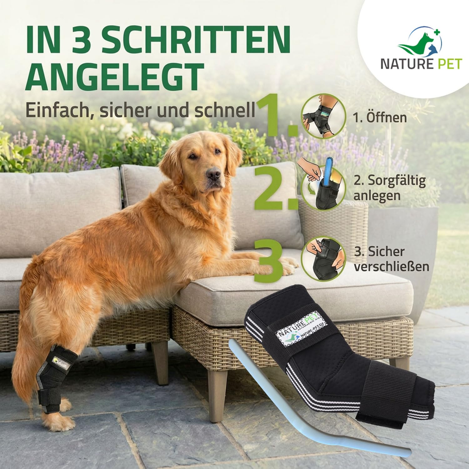Nature Pet SPRUNGGELENK BANDAGE HUND HINTERBEIN – Sprunggelenk Bandage mit Leckschutz Hund – verstellbare Tarsal-Stulpen für Hunde zur Stabilisierung & Schutz des Hinterbeins – 165° Winkel/Größe L