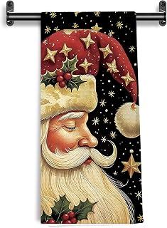 Glitter Christmas Santa Kitchen Towels, Vintage Santa Xmas Holly Berry Leaf Decorative Hand Towels for Bathroom Kitchen, Winter Christmas Dish Tea Towel Drying Cloth, 16x24 Inch