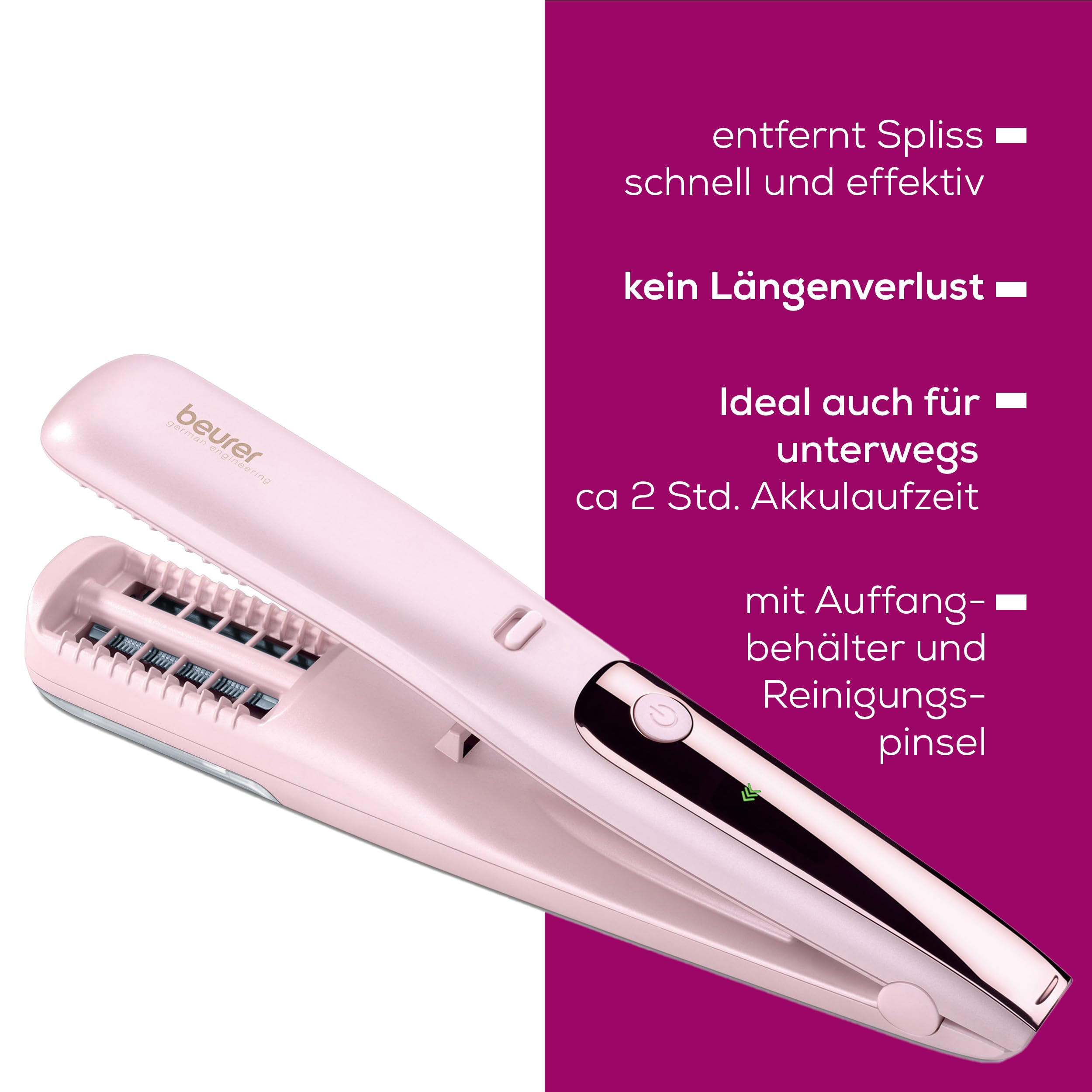 Beurer HT 22 Splissentferner, entfernt Spliss und kaputte Haarspitzen schnell und effektiv, ohne Längenverlust für gesundes Haar, mit LED-Anzeige, 2h Akkulaufzeit , rosa