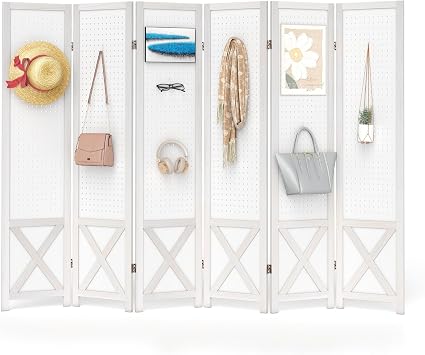 GOFLAME 6 Panel Pegboard Freestanding, 5.6 FT Display Stand with Solid Wood Frame, Foldable Privacy Screen, Room Separator, Display Board Organizer for Retail, Craft Show, White