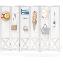 GOFLAME 6 Panel Pegboard Freestanding, 5.6 FT Display Stand with Solid Wood Frame, Foldable Privacy Screen, Room Separator, Display Board Organizer for Retail, Craft Show, White