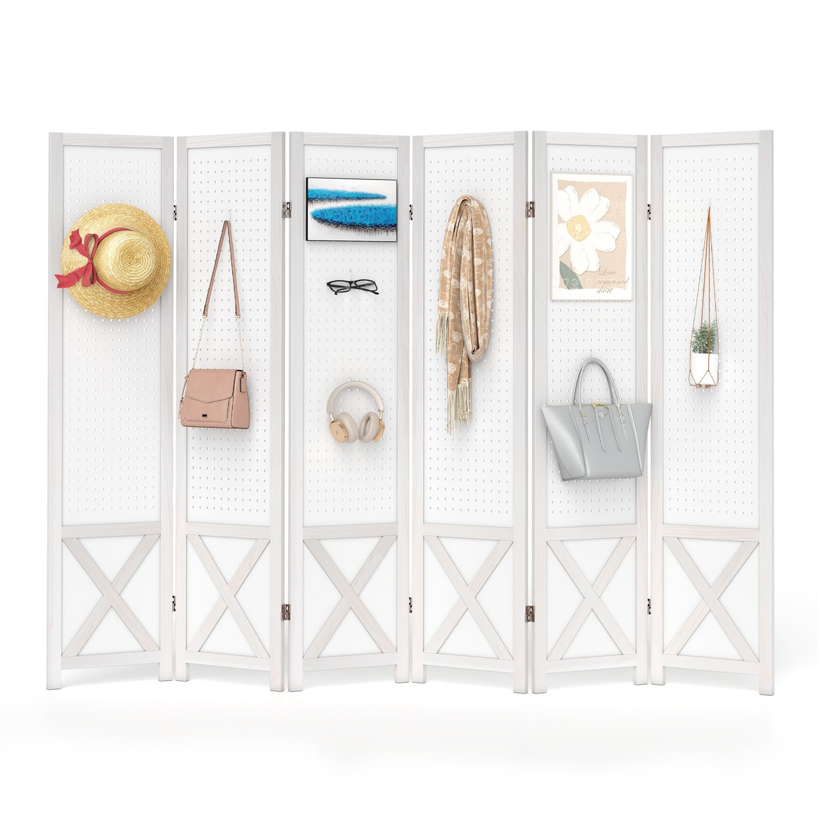 COSTWAY 4/6 Panel Folding Room Divider with Pegboard Display, Freestanding Wall Privacy Screen Protector, Solid Wood Room Partition Paravent Separator for Bedroom Living Room Store (6 Panel-246x170cm)