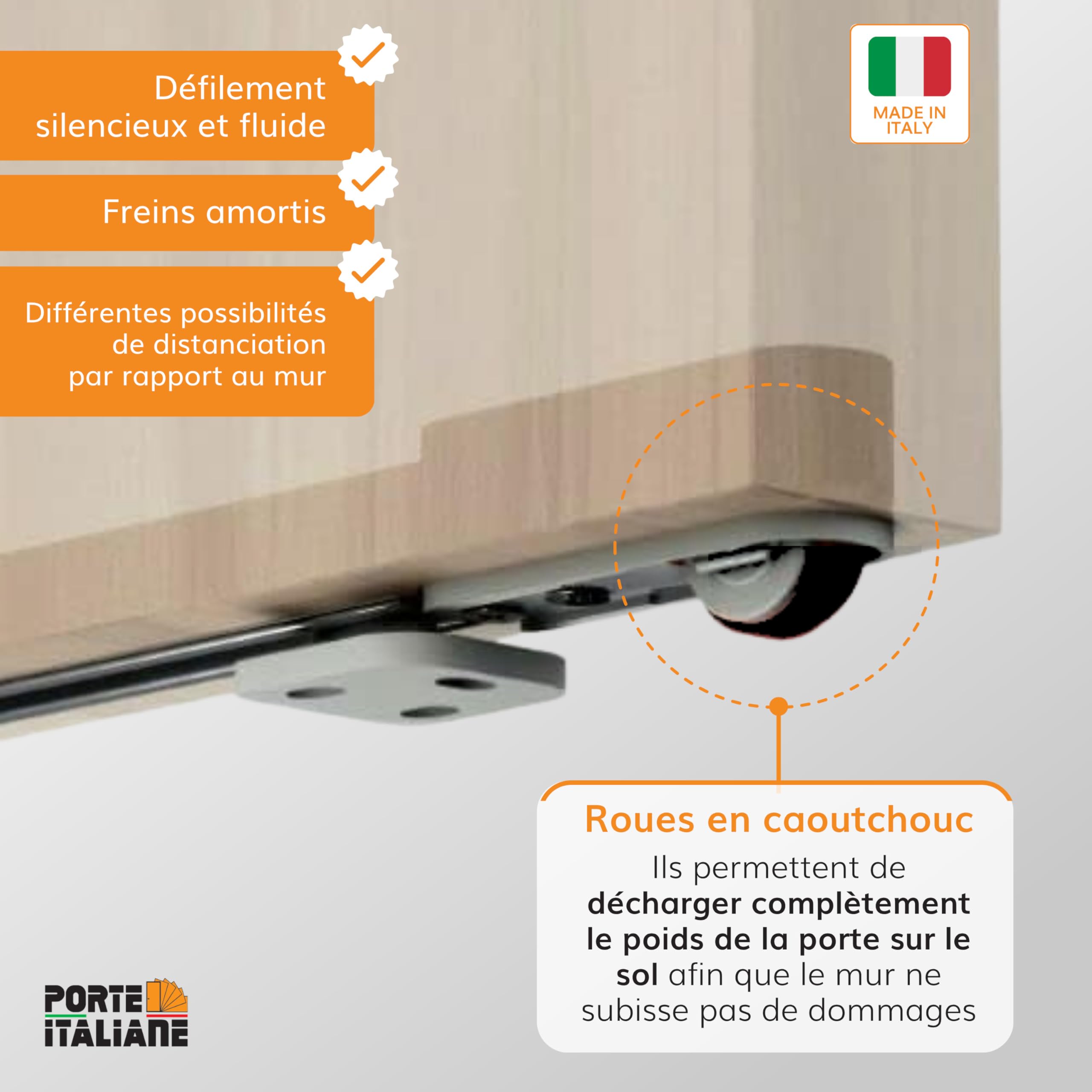 Porte Italiane, Rail porte coulissante invisible MAGICAL 1200, charge 60 kg, pour porte coulissante extérieure, mur en bois, largeur de 80 cm à 120 cm, kit avec mécanisme, accessoires et guide