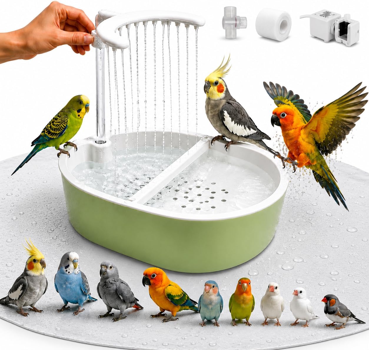 Automatic Bird Bath for Indoor Cages, Parakeets & Cockatiels | Circulating fountain-style shower with adjustable water flow for parakeets, budgies, cockatiels, conures and lovebirds.