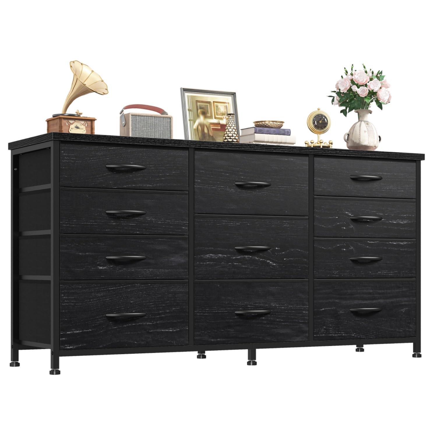 Romorgniz Black Dresser for Bedroom with 11 Fabric Drawers, Dresser TV Stand for 50, 55 Inch TV, Sturdy Dressers & Chests of Drawers for Entryway,
