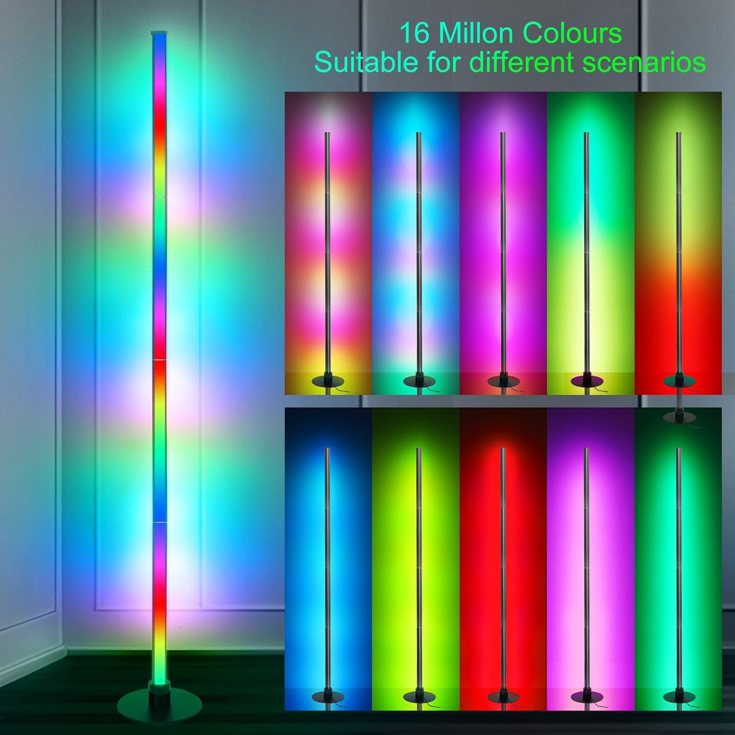 PMS 63 Inch LED Floor Lamp, Corner Mood Standing Lamp RGB Color Changing Light Dimmable Music Sync with APP & Remote Control for Living Room, Bedroom, Home Decoration