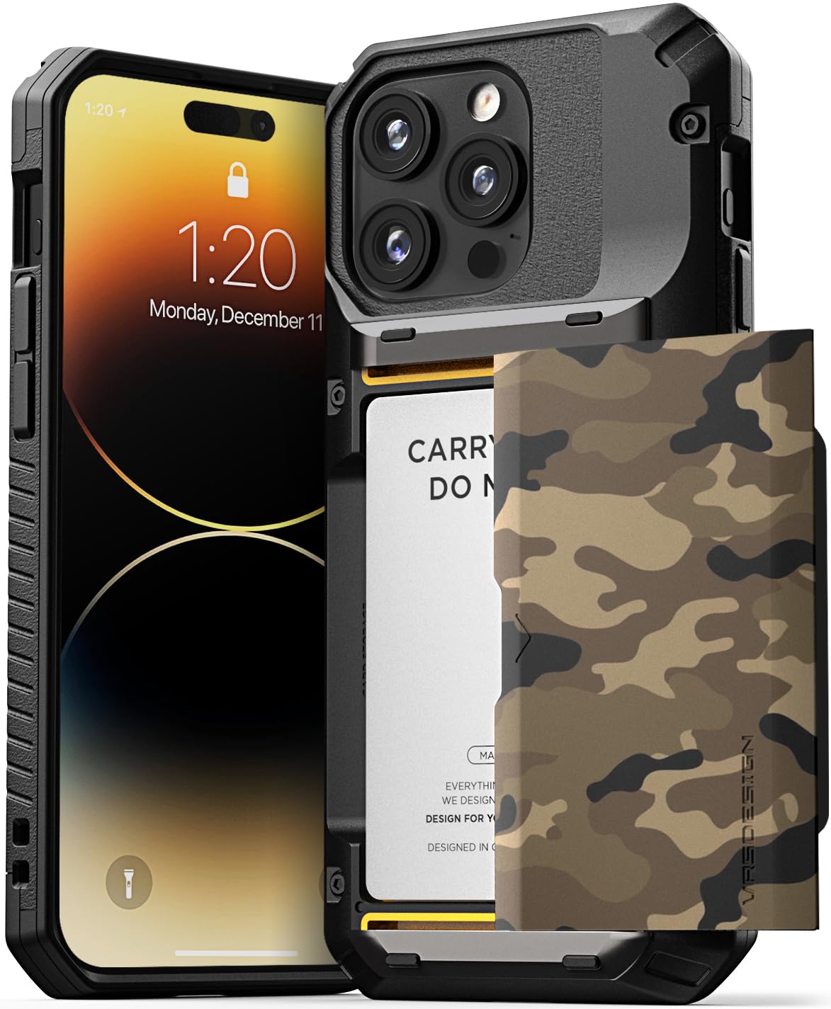 VRS DESIGN Damda Glide Pro Phone Case for iPhone 14 Pro Max, Sturdy Semi Auto Wallet [4 Cards] Case with Card Slot Holder, Compatible for iPhone 14 Pro Max Case (2022) Camo Khaki