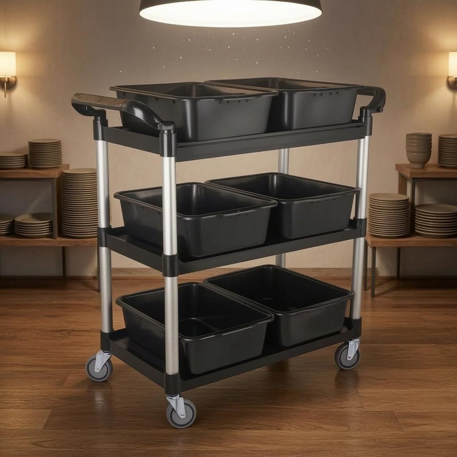 Qianly Carro Camarero Triple Niveles Bandejas Poco Profundas Carro Servicio con Ruedas Gran Capacidad Mueble Rodante para, Negro, Grande, Tres Cubetas, Dos Cubos, Ruedas Silenciosas