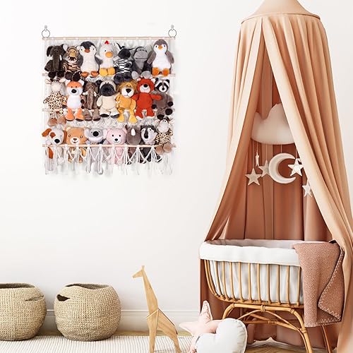 Miniatura 6 de Hamaca grande de almacenamiento para animales de peluche o hamaca de juguete de esquina grande  3 capas ajustables de macramé bohemio soporte de
