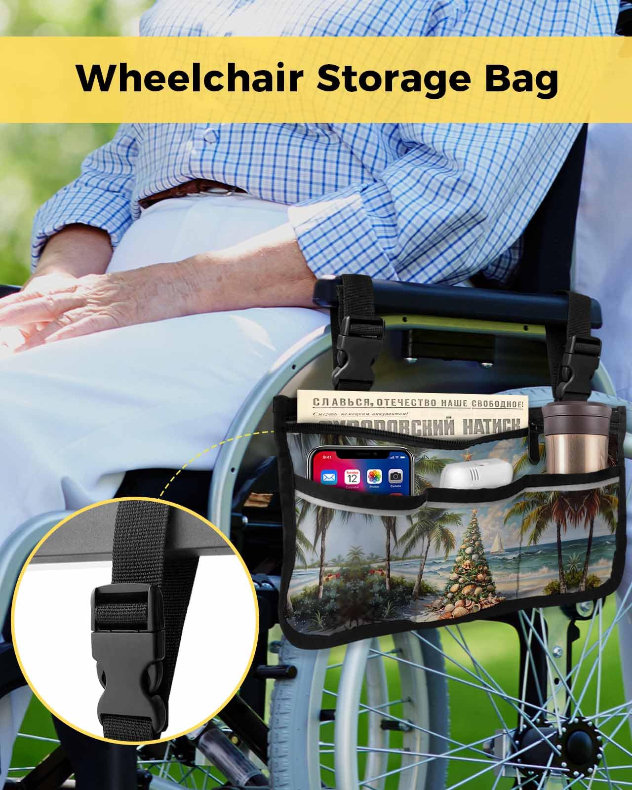 Anzona Christmas Coastal Wheelchair Side Bag Walker Bag, Xmas Beach Shell Starfish Trees Wheelchair Accessories Armrest Pouch, Organizer Storage Bag for Walkers, Rollators, Scooters, 7.3''x13''