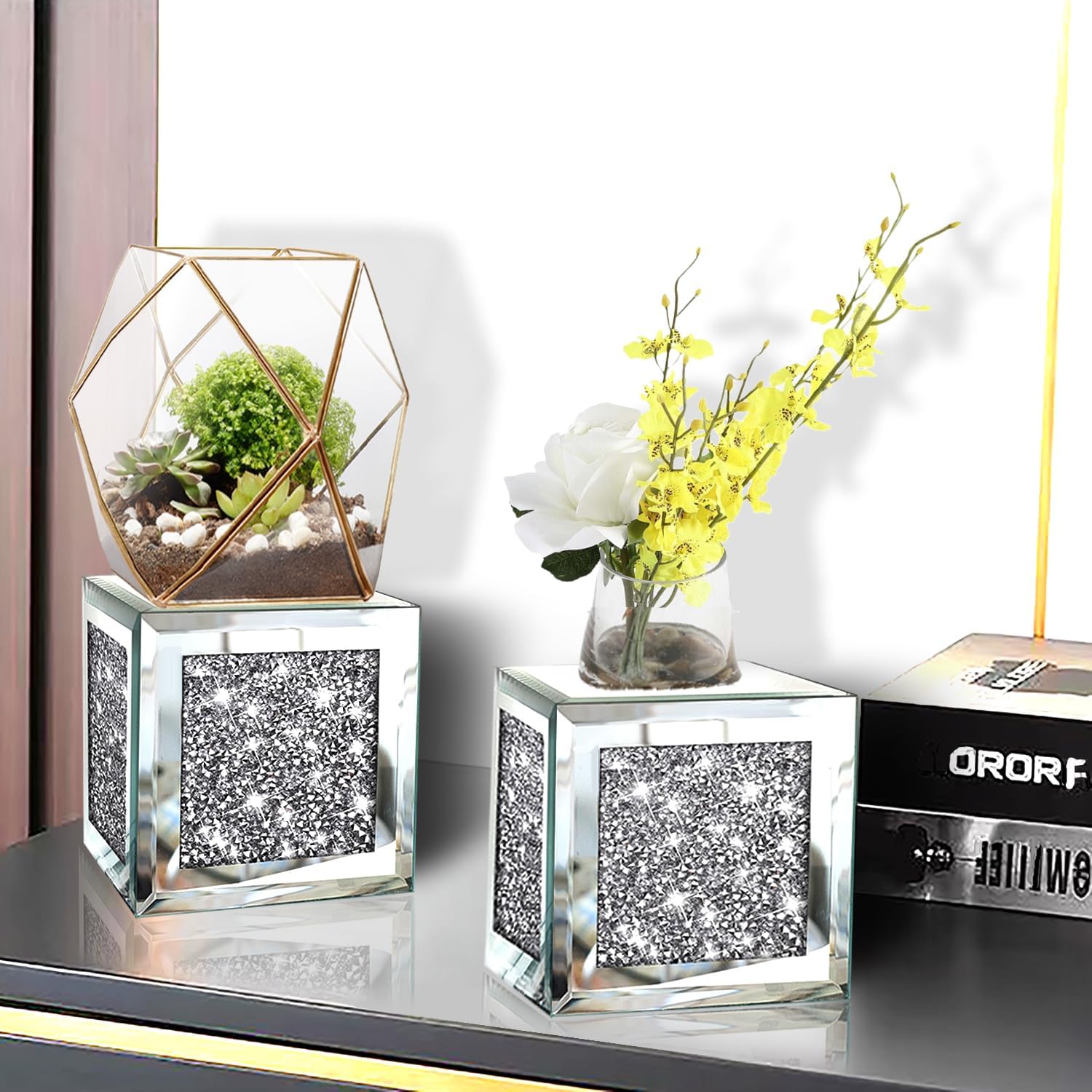 Set of 2 Crystal Crush Diamond Candle Sconces, Gorgeous Silver Mirrored Wall Sconce, Candle Holder Glass Wall Decorations for Home Décor, Living Room, Dining Room. Floating Shelves - Image 2