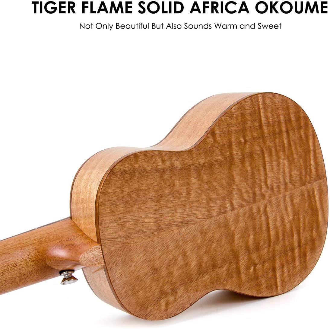 Kmise 21 Inch Soprano Ukulele, Classical Headstock Hard Lightweight Okoume Ukelele, Tiger Flame Ukulele for Adult Beginners, Kids with Uke Gig Bag, Tuner, Strap, Replacement Strings, Capo Picks, etc