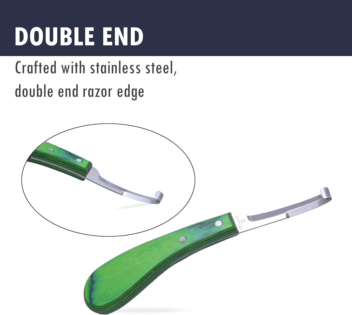Professional Hoof Knife – Premium Stainless Steel Farrier Knife with Green Wooden Handle | Sharp Hoof Trimming Tool for Horses, Goats & Livestock | Left/Right Hand and Double Edge Use