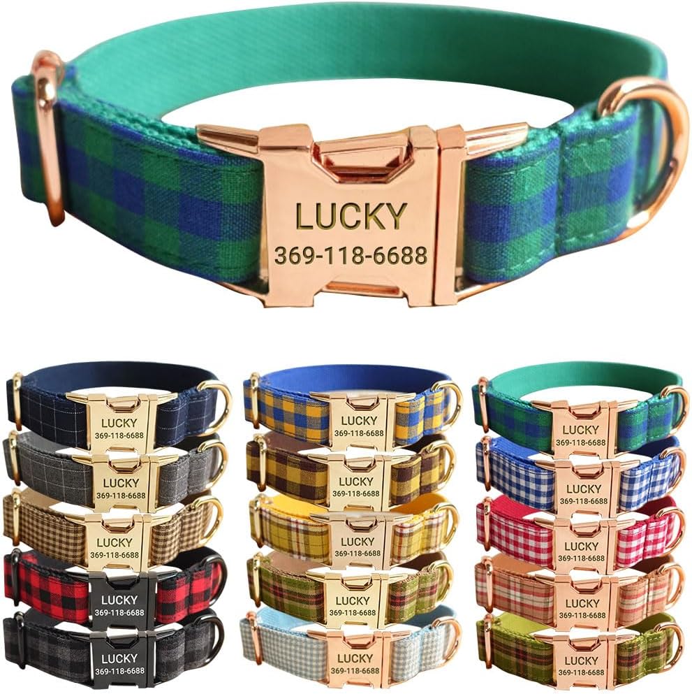 PETDURO Personalized Checkered Plaid Dog Collar Green Blue with Name