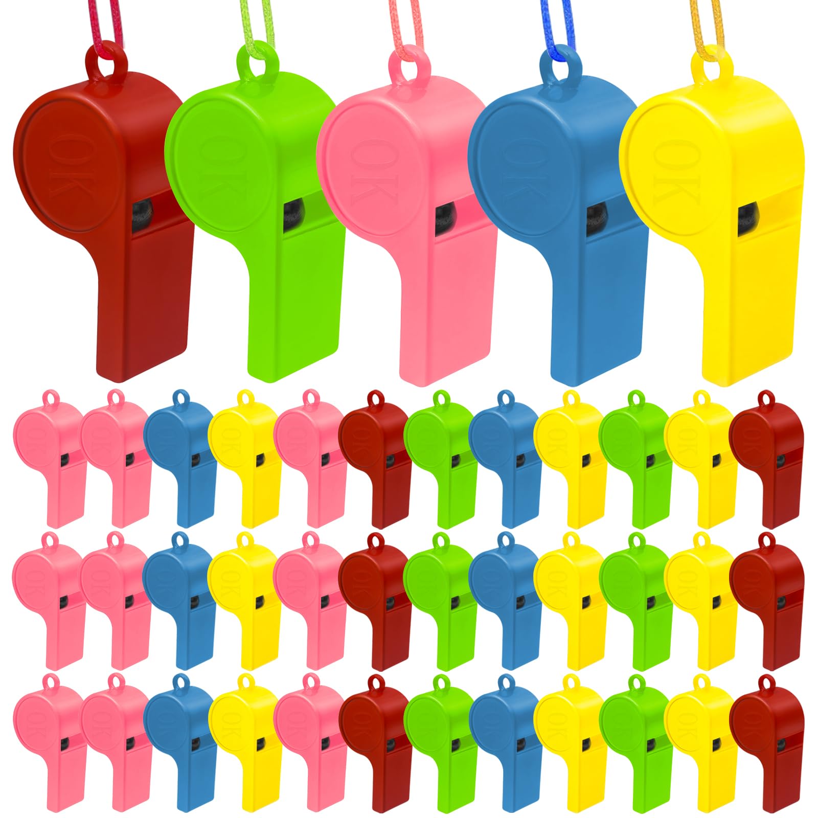 GZqiancang 72 silbatos infantiles de plástico con cordón para deportes escolares, fiestas, entrenamiento de perros, árbitros, salvavidas (5 colores)