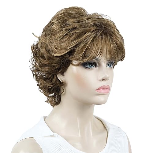 Miniatura 4 de Aimole Pelucas sintéticas para mujer, con extremos rizados, peluca de fibra corta con flequillo en capas (12TT124)