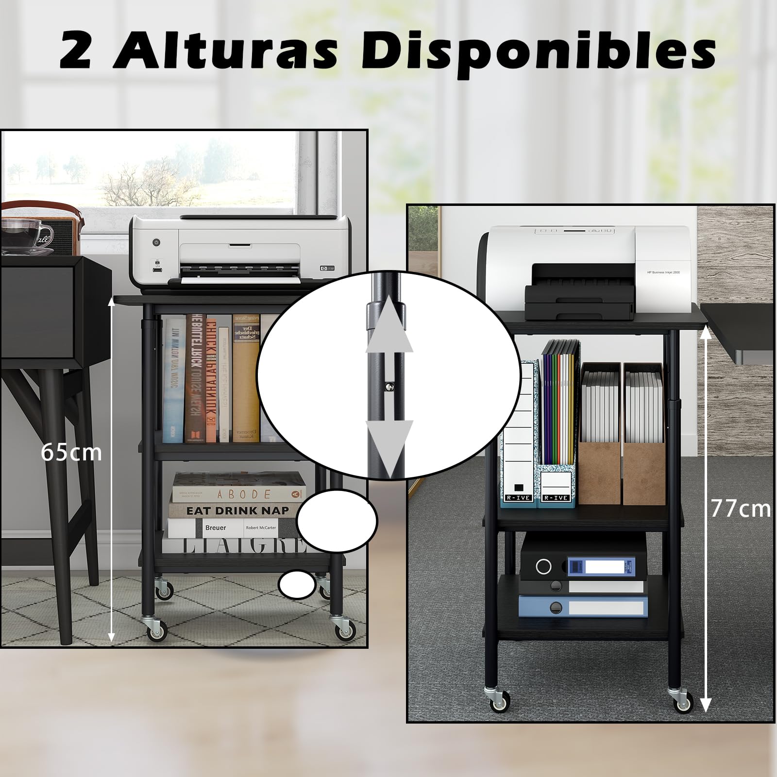 GIANTEX Soporte de Impresora con 4 Ruedas, Mesa de 3 Niveles, Tablero con Altura Ajustable, Estructura de Metal, 49 x 40 x 65-77 cm, Carrito Auxiliar para Oficina, Salón, Dormitorio (Negro)