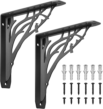 2 Pcs Black Shelf Brackets Heavy Duty, Wall Mounted Shelf Brackets, Decorative Metal Floating Triangle Right Angle Support BracketBlack, 8 Inch, Tree Style
