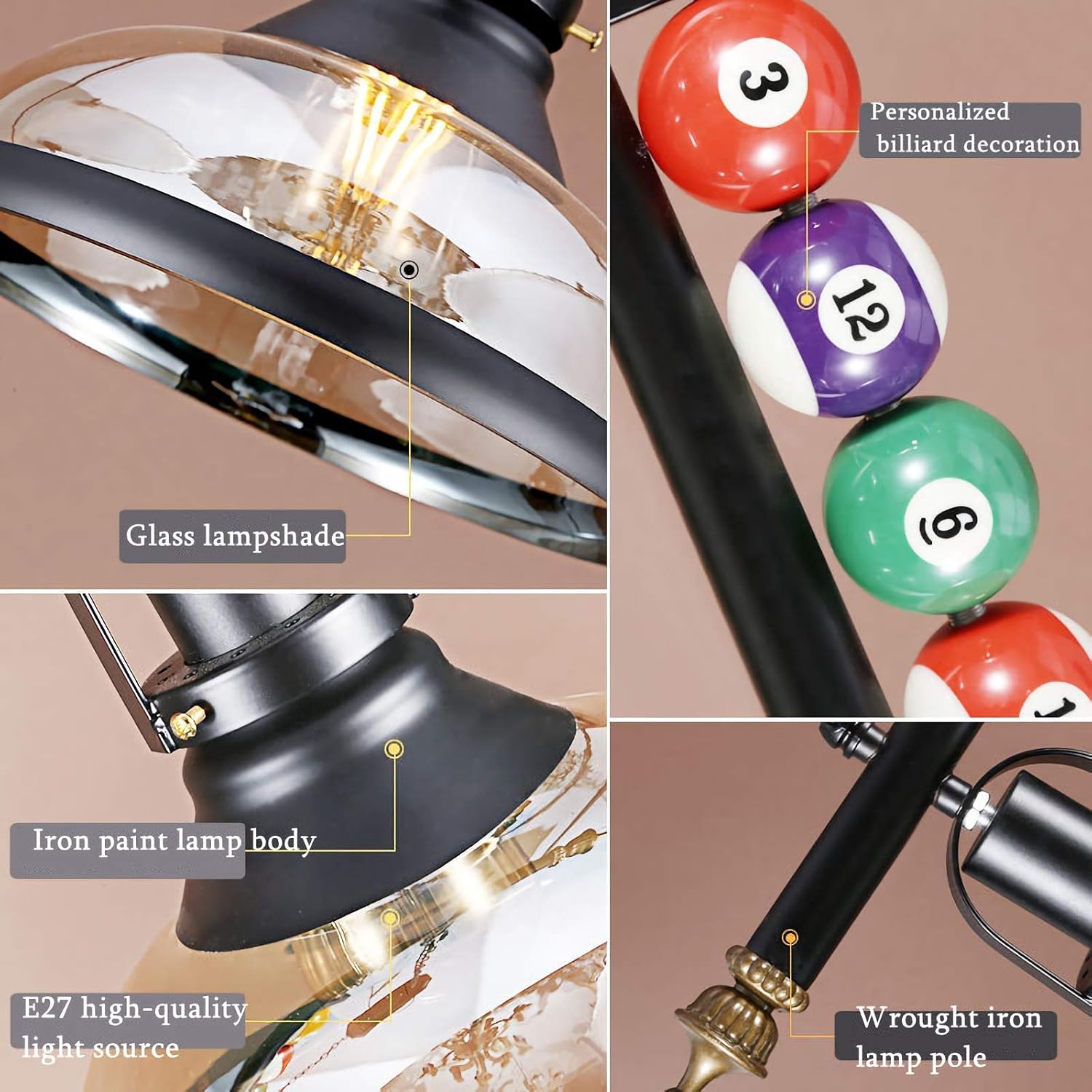 Pool Table Lights,Billiard table light,Farmhouse Chandelier,Industrial Loft 3 Head Iron Kitchen Light fixtures Fittings Pot Lid Glass Lampshade,Billiard Decoration Creative Lights for Bar,Pool Table