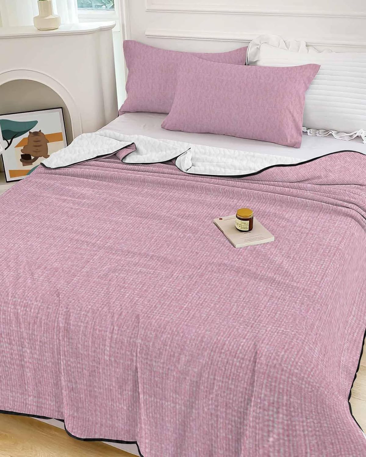 King Size Quilt Set, Pink Retro Linen Lightweight Bedspread Coverlet Set Soft Microfiber Summer Quilt with 2 Pillow Shams, Minimalist Style 3 Piece Comforter Bedding Set