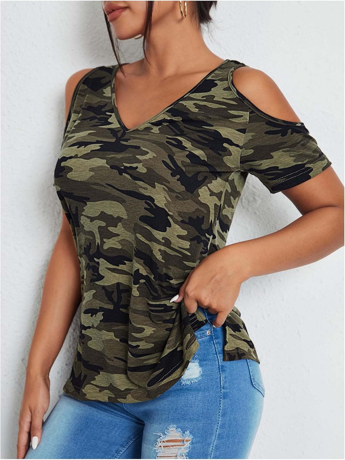Women's Camo Cold Shoulder T Shirt V Neck Short Sleeve Slim Fit 2025 Summer Tee Tops - Image 2