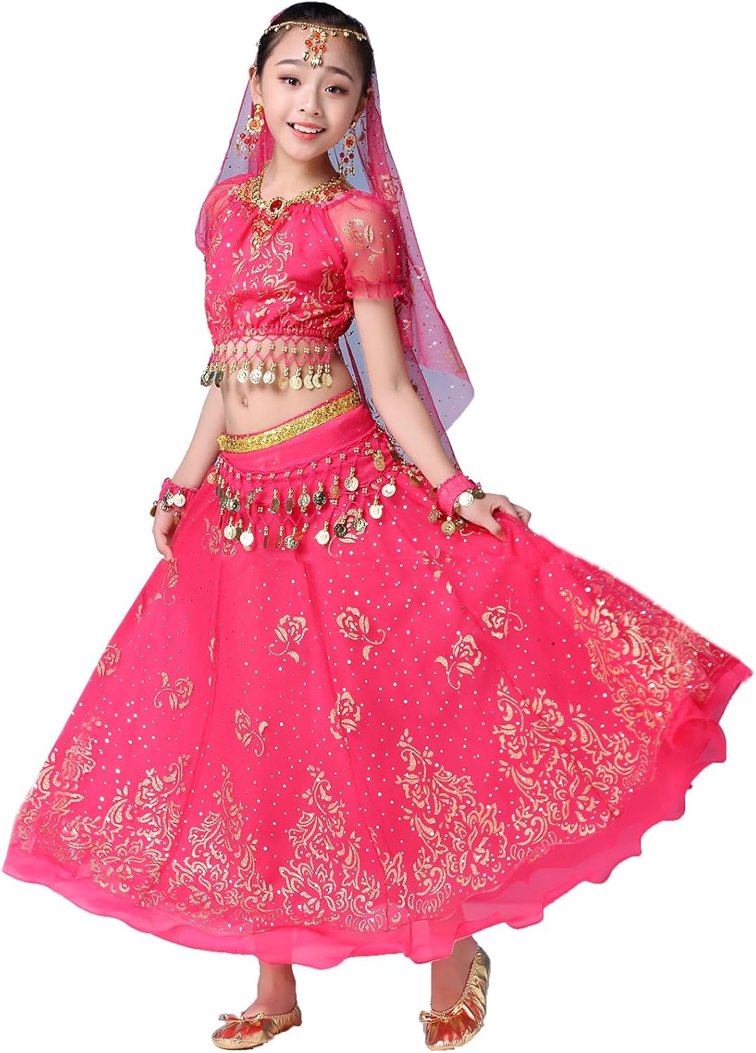 ORIDOOR Belly Dancing Costume Pleated Dress Set for Girls Halloween Indian Performence Suits 5-Piece Outfit