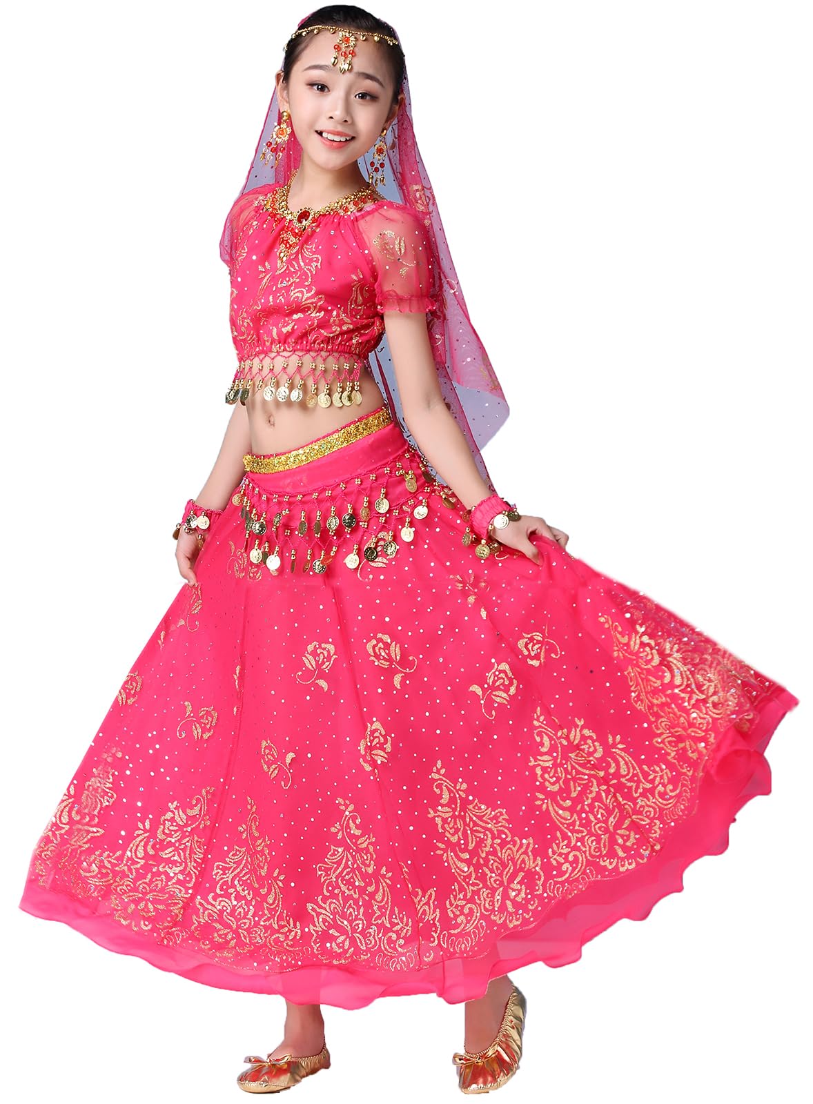 ORIDOOR Belly Dancing Costume Pleated Dress Set for Girls Halloween Indian Performence Suits 5-Piece Outfit