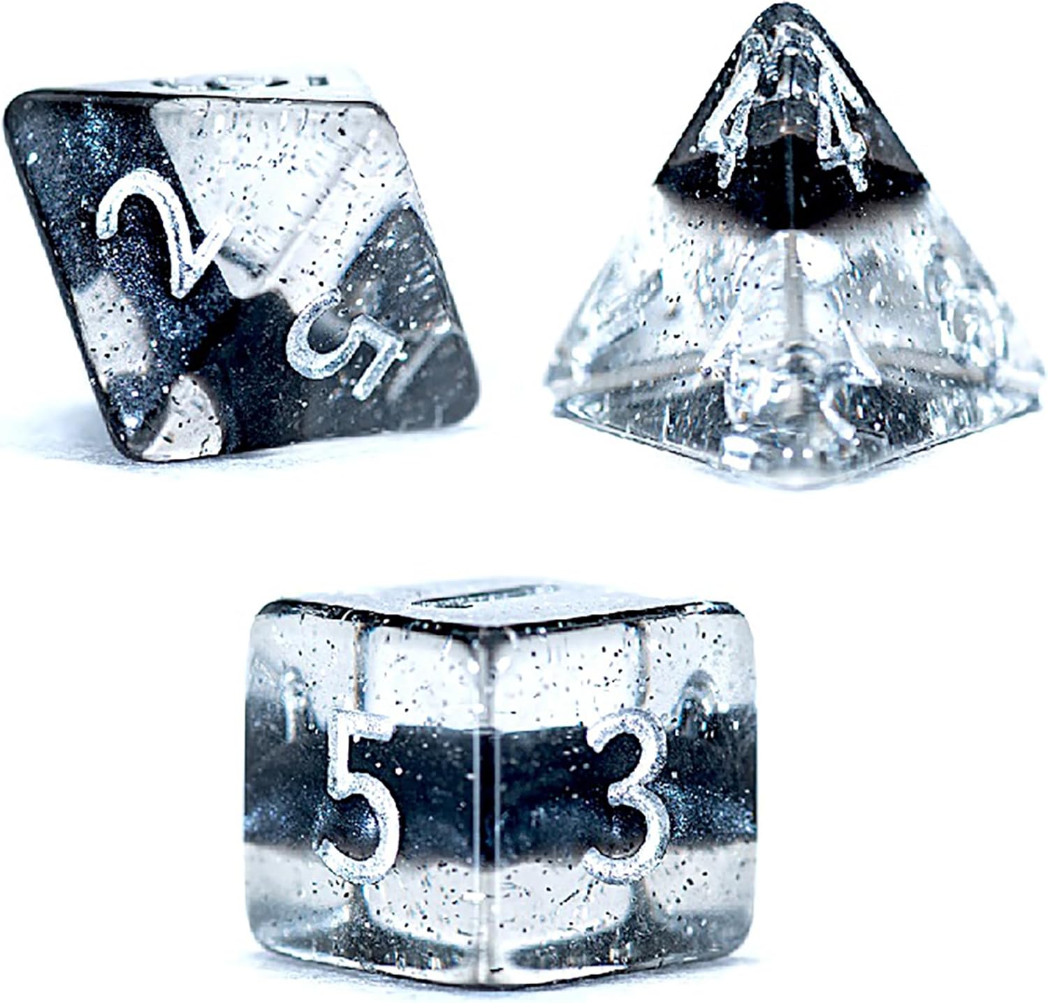 Gate Keeper Games & Dice: Mighty Tiny Dice: Dragon Eggs - 7 pc - RPG Dice Set, 3-Layer Neutron Style, Clear-Silver Glitter-Black, 12mm Resin Dice