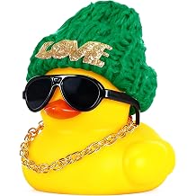 DIY Christmas Rubber Ducks for Car Dashboard Decor, Squeaky Stress Relief Duck with Knit Hat, Sunglasses, Necklace Fun Interior Car Ornament