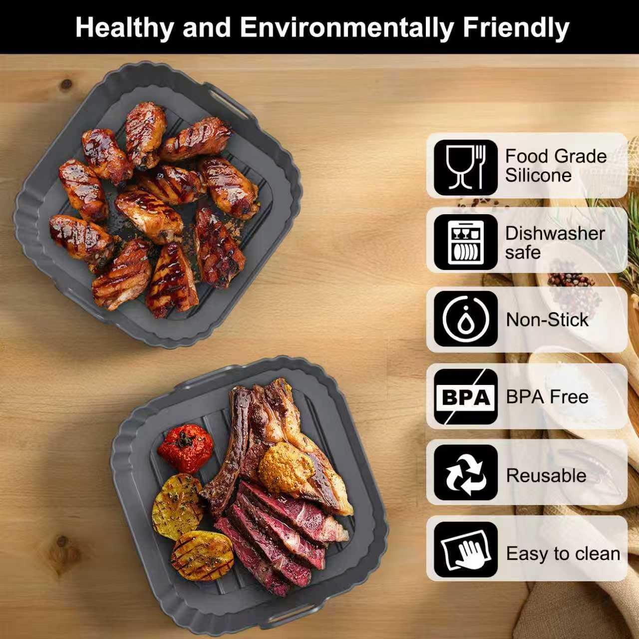 8.5 Inch Square Silicone Air Fryer Liners 2 Pack, Reusable Air Fryer Basket Liners for Ninja AF141 AF142 AF181, COSORI, Cuisinart, Chefman, Instant Air Fryer 5–6.5 QT - Image 4