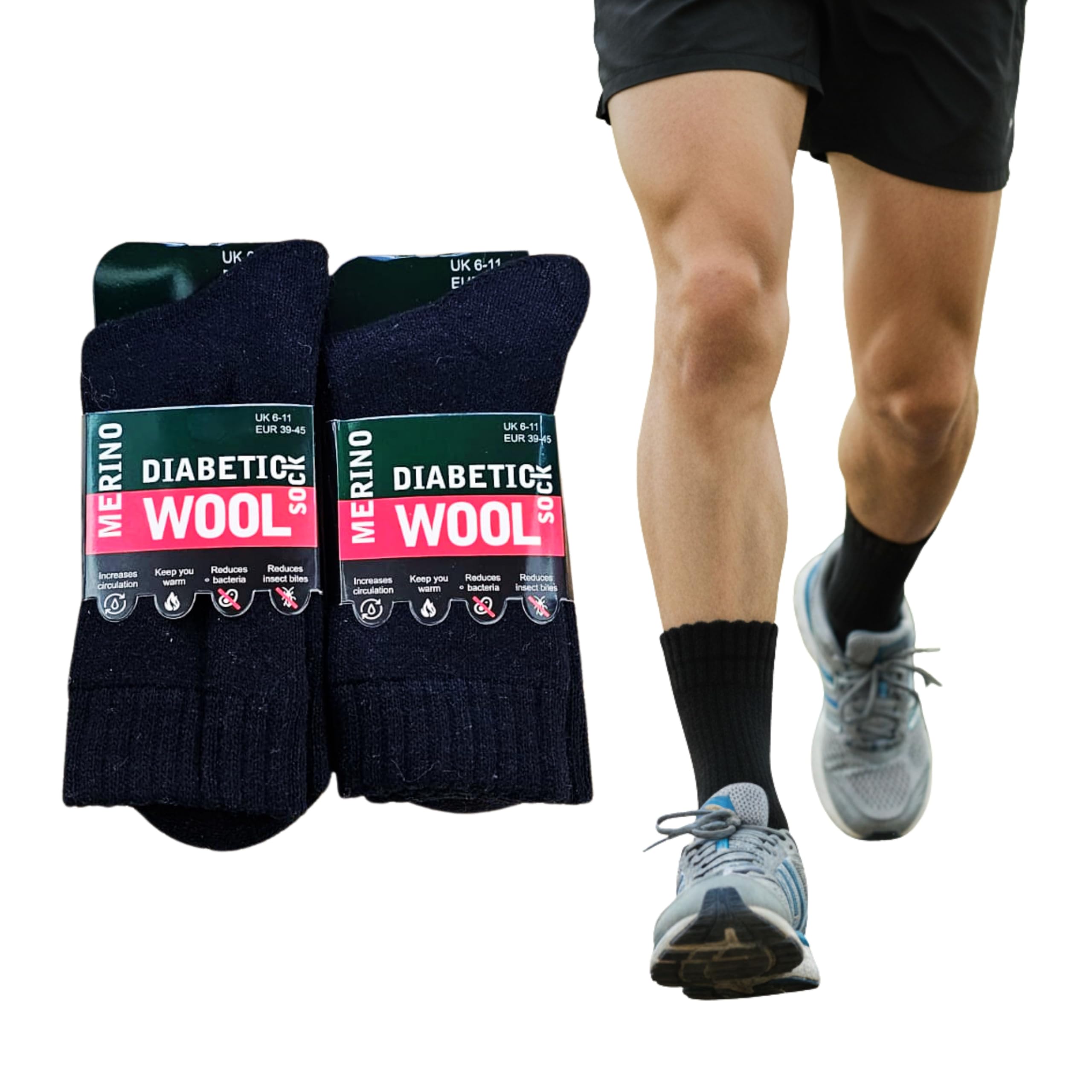 ShopMCR Non-Binding Diabetic Socks for Men (2 Pairs) - Soft Merino Wool Blend, Cushioned & Loose Top for Sensitive Feet - UK 6-11 (2P, BK)