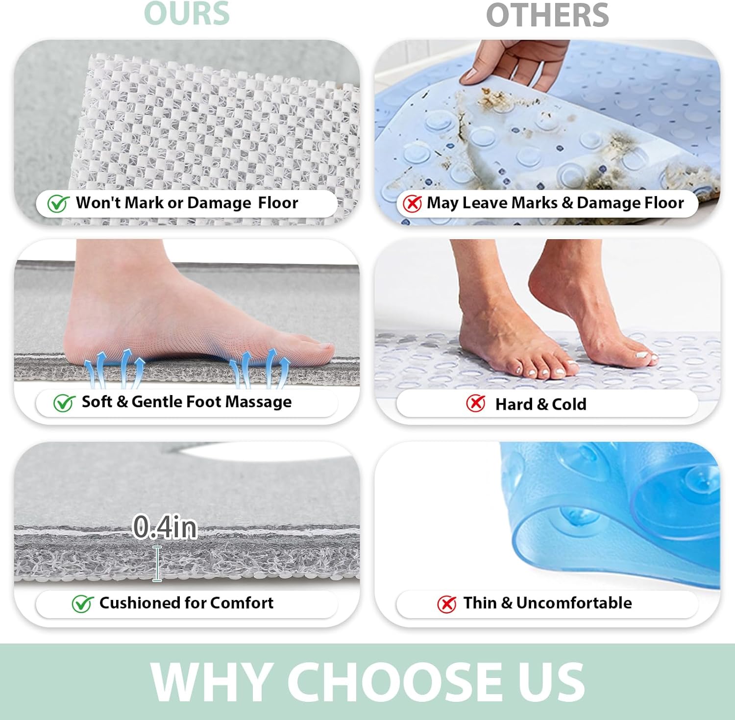 Square Shower Mat Non Slip: 36x36 Inch Extra Large Shower Mats for Inside Shower, Anti Slip Shower Floor Mat, Loofah Shower Stall Mats for Elderly, Non Slip Shower Mat with Drain Hole in Middle