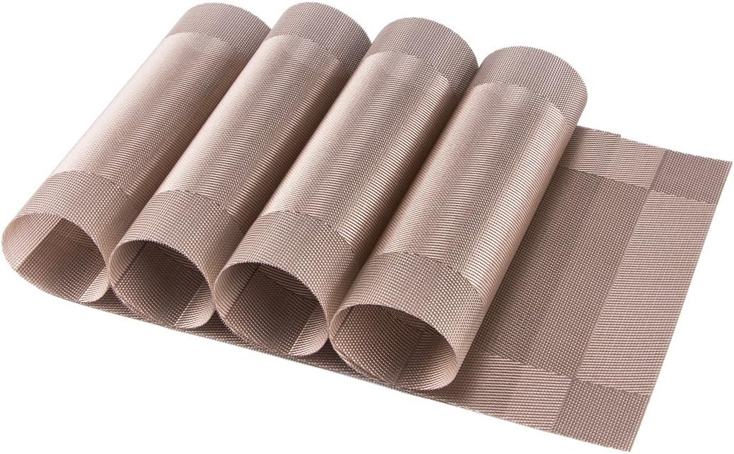 Place Mats for Dining Table or Kitchen, Quality Thermal Bonded Edges, Reversible Placemats, Vinyl Placemat Set of 4, Adiabatic Placemats Pad Weave Woven Effect Modern, Rectangle Square Corner Design Mats,45*30cm (Champagne)