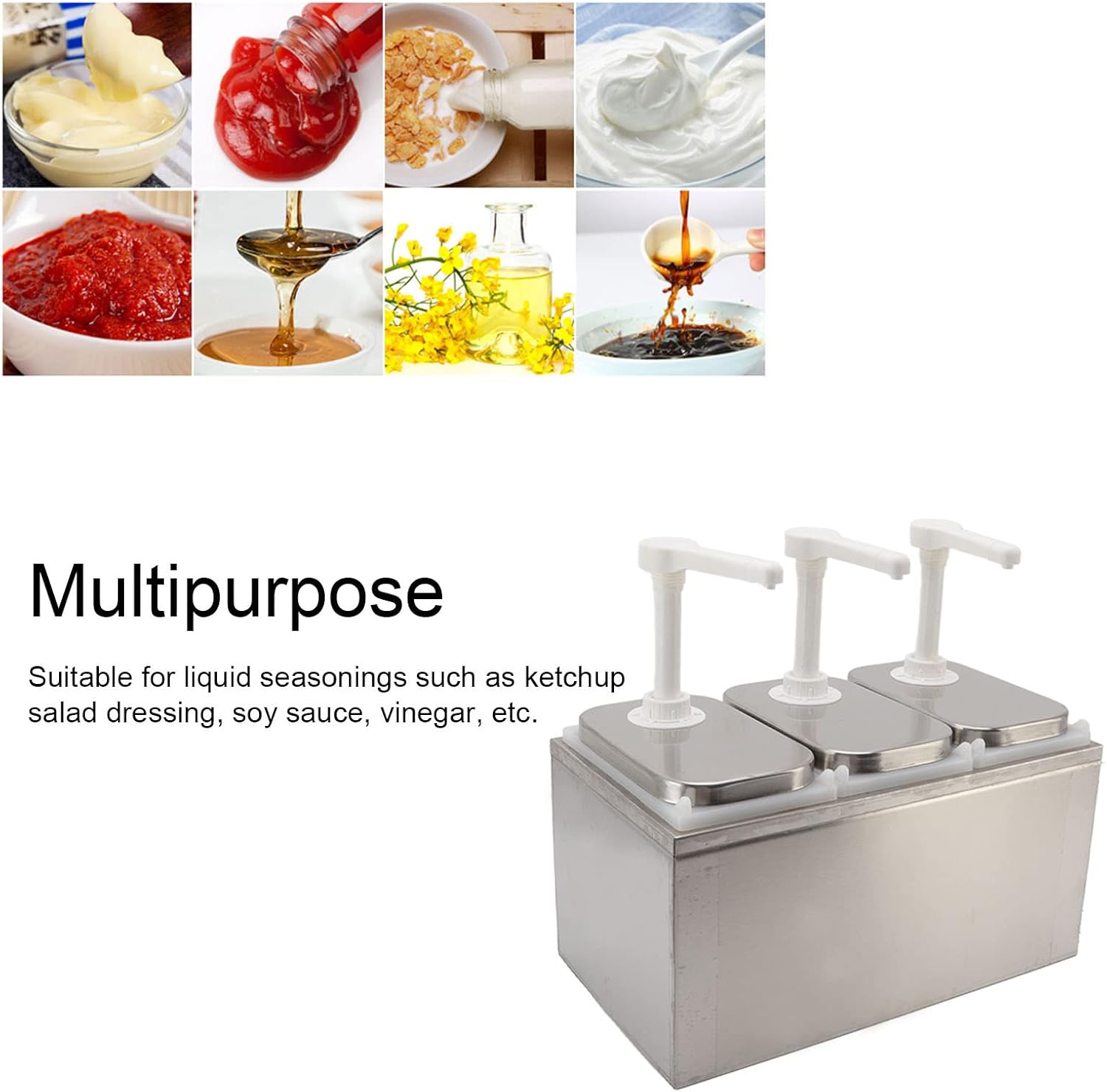 Plastic and Stainless Steel Condiment Pump Station Sauce Dispenser , Sauce Dispenser , for Kitchen Salad Jam Seasoning Sauce Squeeze (Three heads 2L/ Head) , Condiment Pump Station Sauce Dispenser Sta