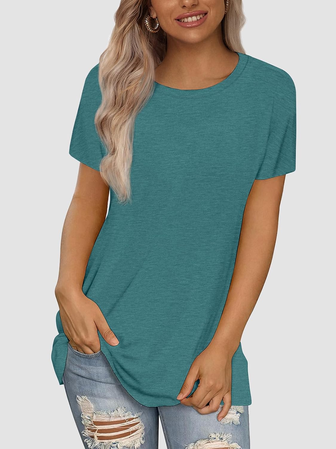 Womens Short Sleeve Round Neck Shirts Summer Top Fashion Basic Tee - Image 2